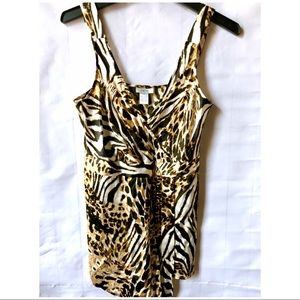 Cache Beige Silk Animal Print Draped Cami Blouse